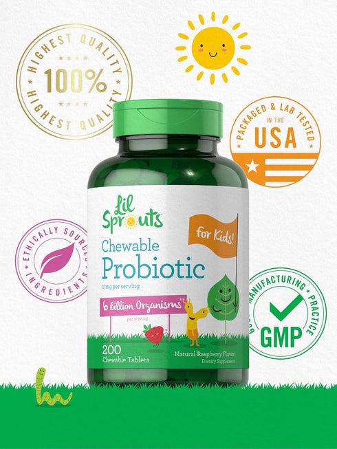 Carlyle Probiotics for Kids | 200 Chewable Tablets | 6 Billion CFUs | Raspberry Flavor | Non-GMO, Gluten Free