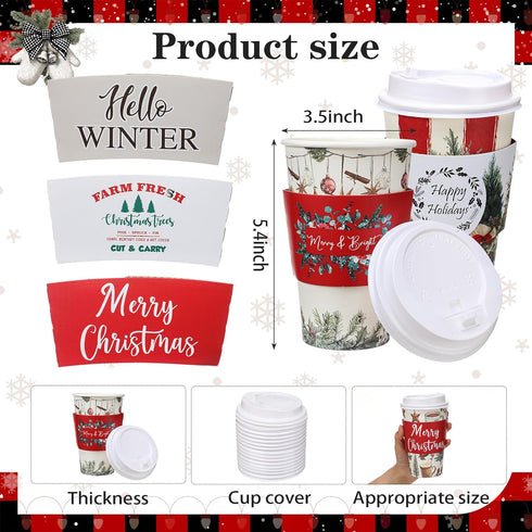 Suttmin 36 Sets/ 108 16 oz Pcs Christmas Tree Paper Cups Disposable Coffee Cups with Lids and Sleeves Xmas Hot Cocoa