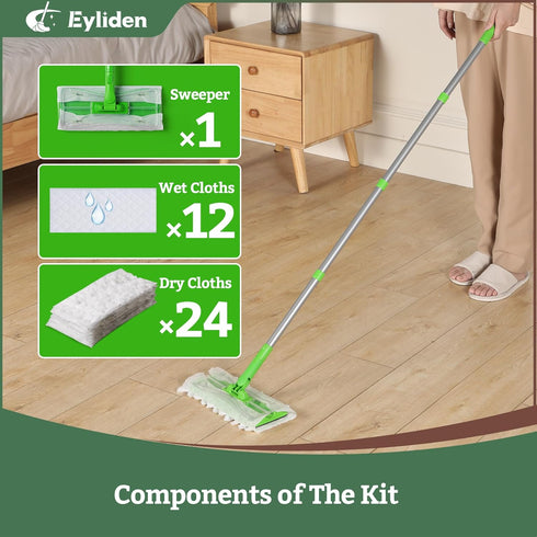 Eyliden Sweeper Mop, Wet & Dry Mops for Floor Cleaning, Disposable Dust Mop Starter Kit with 36 Refills