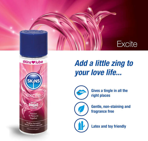 Reaquav8 4.4 Oz (130ml) Skins Skins Excite Tingling Water Based Condom Compatible Lubricant with Technology Fl