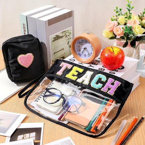 Hillban 2 Pcs Teacher Gifts Chenille Letter Bags, Preppy Patch Makeup Bag Flat Clear Pouch for Women Girl