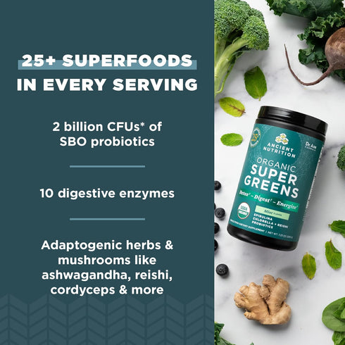 Ancient Nutrition SuperGreens Powder with Probiotics - Organic Peppermint Flavor for Digestive Support