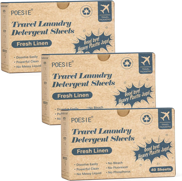 Poesie Travel Laundry Detergent Sheets, 120 Sheets, Liquidless Clothes Washing Strips, Fresh Linen Scent