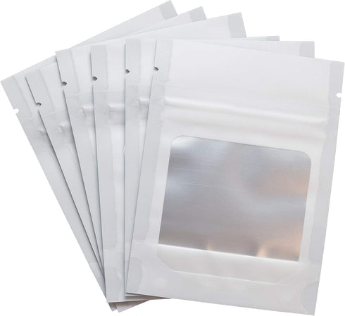 HANSER Smell Proof Odorless Mylar Resealable Foil Pouch Bags with Clear Window, Stand Up Bottom, Airtight, Matte White,