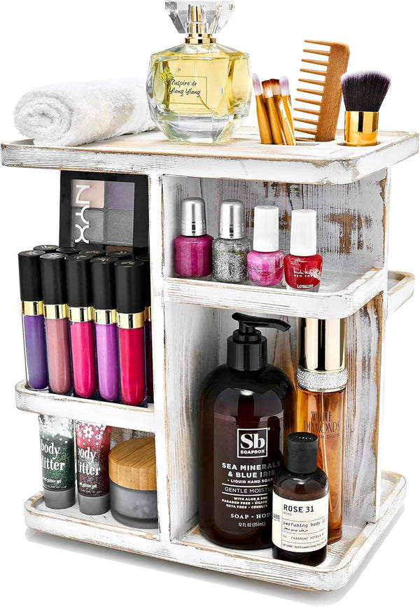 Sorbus 360° Makeup Organizer, Grey Rustic Wood Storage Carousel for Cosmetics, Rotating Makeup Organizer for Vanity