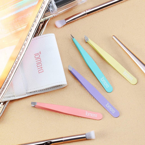 Tweezers for Eyebrows, 4-Piece Slant Tip and Pointed Set for Precision Hair Removal