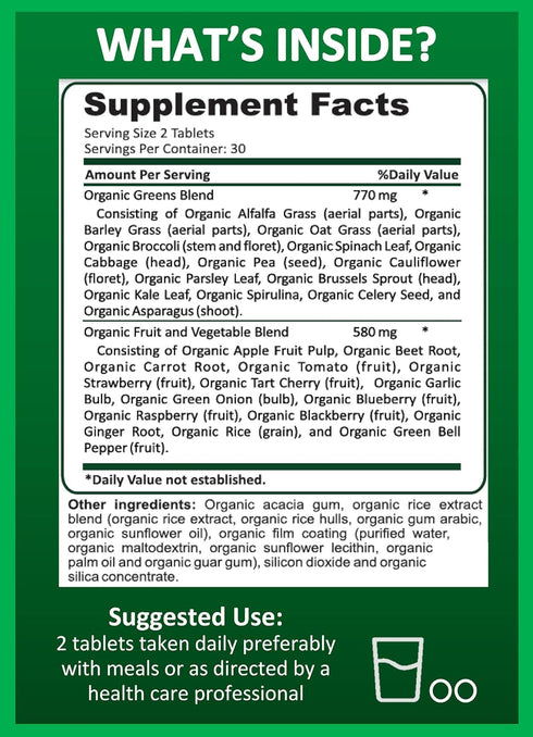 Organic Superfood Greens, Fruit and Veggies Supplement Rich in Vitamins & Antioxidants with Alfalfa, Beet Root & Tart