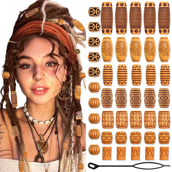 NAISKA 45 Pcs Wooden Hair Jewelry for Braids, Locs Dreadlock Accessories, DIY Braid Clips and Cuffs for Women Girls