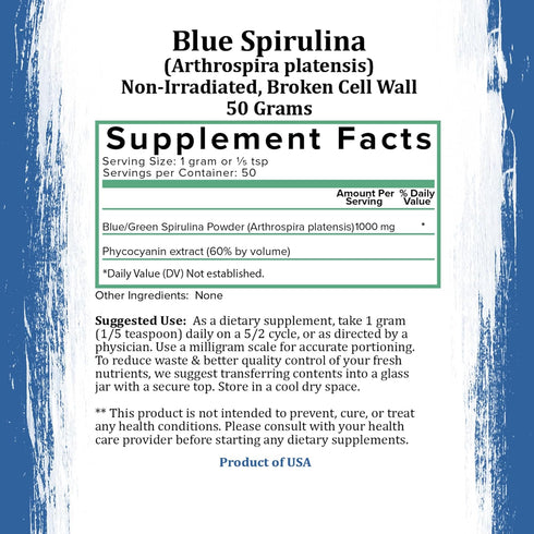 Blue Spirulina Powder, Organic Blue Green Algae Powder, 50 Grams, Supplements, Smoothies, & Baked Goods, Rich Source of