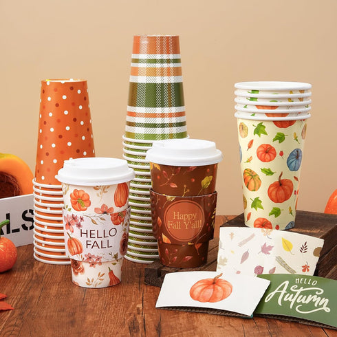 Nihuecne 50 Pack 16 oz Fall Themed Disposable Coffee Cups with Snap-on Lids and Sleeves - for Hot or Cold Drinks