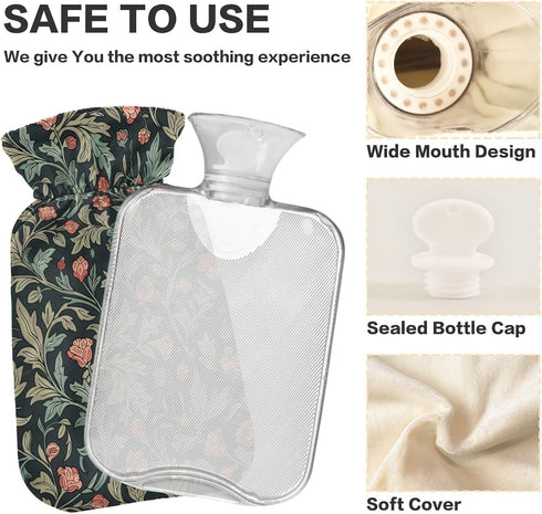 YNNALE 2Liter Retro Sage Green Red Floral Hot Water Bottle with Cover, Soft Velvet Winter Warm Water Bag for Neck