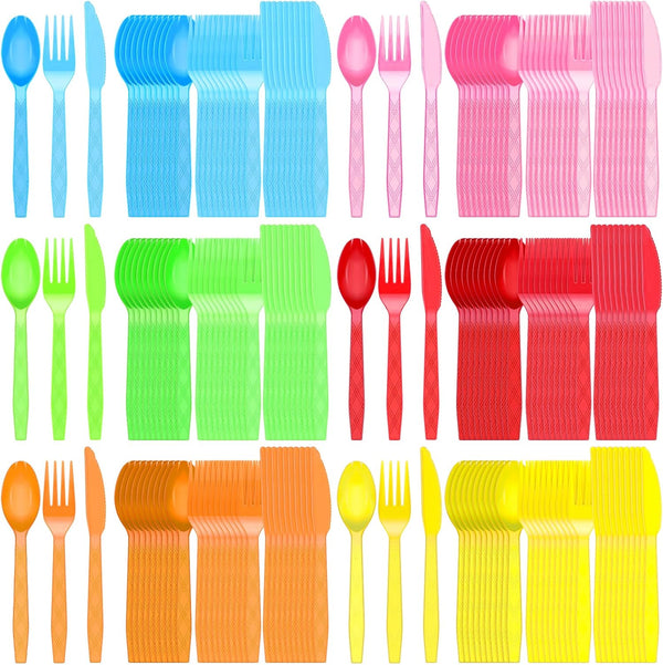 Hoolerry 180 Pcs Neon Party Plastic Cutlery Set, Includes Neon Forks, Spoons, Knives for Colored Party Utensils