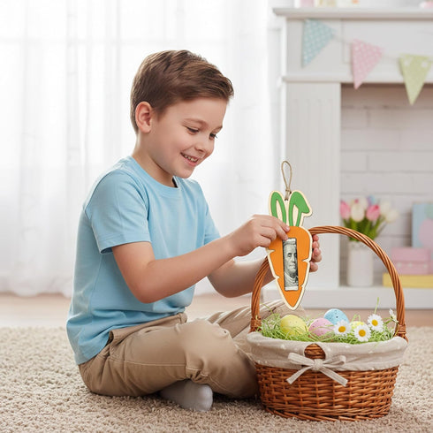 Set 2 of Easter Money Holder Carrot Wooden Carrot Cash Holder with Bunny Ears, Easter Gift for Kids & Adults, Spring
