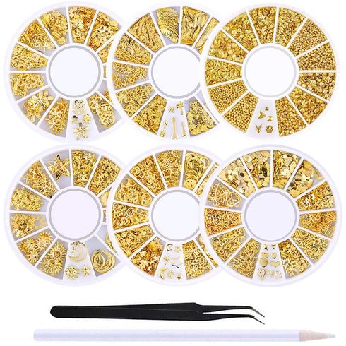WOKOTO 6 Boxes Gold Nail Charms Studs, 3D Nail Art Jewelry Decoration Kit with Tweezers and Picker Pencil