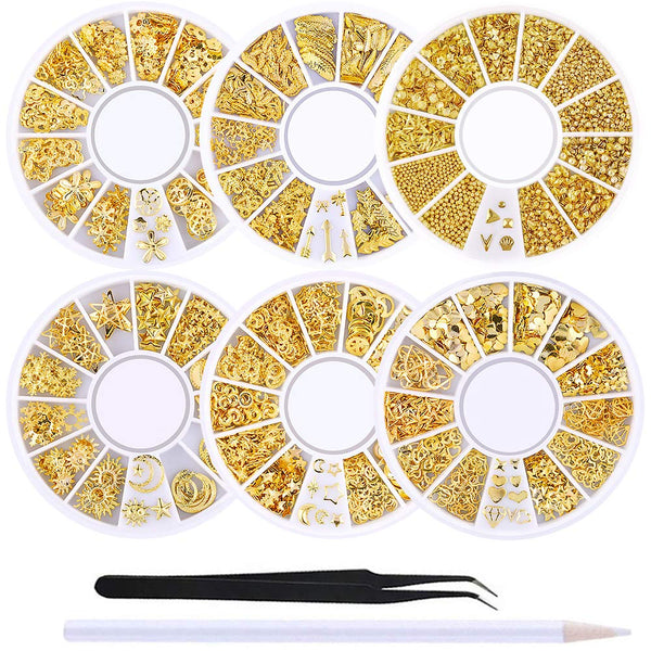 WOKOTO 6 Boxes Gold Nail Charms Studs, 3D Nail Art Jewelry Decoration Kit with Tweezers and Picker Pencil