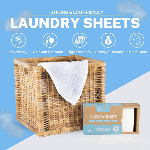 Free And Clear Eco-Friendly Unscented Laundry Detergent Sheets, Powerful Against Stains, Up To 100 Loads