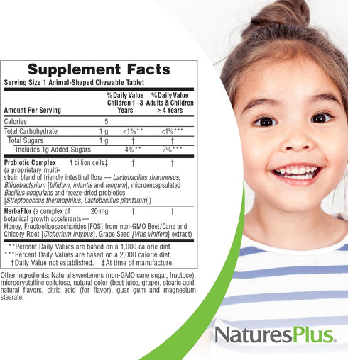 Natures Plus Animal Parade AcidophiKidz, Berry Flavor - 90 Chewable Tablets with Probiotics, FOS & Grape Seed