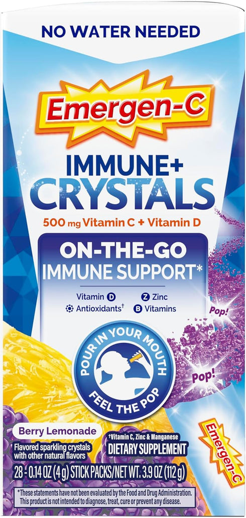 Immune Immune 28 Packs Emergen-C Plus Crystals, On-the-Go Support Supplement with Vitamin C, Vitamin D, B Vitamins