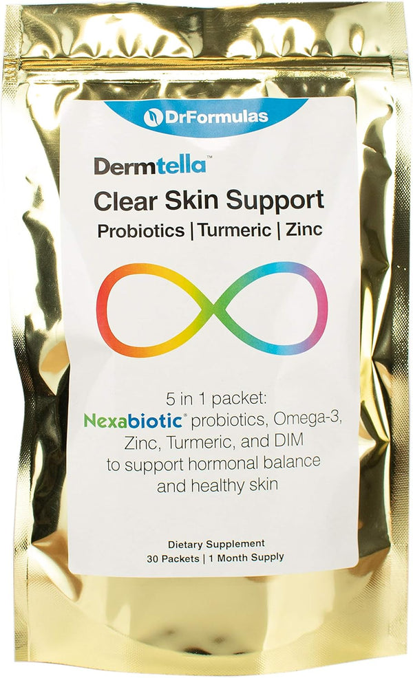 DrFormulas Dermtella Clear Skin Support Packs | Pills with Zinc, Probiotics & DIM | 1 Month Supply for Women, Teens &