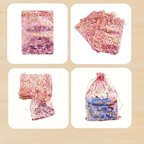 100 Pack Organza Drawstring Flower Heart Bags 7 x 9 Inch, Jewelry Gift Pouch, Wedding Favor Bags (Fuchsia Flower)