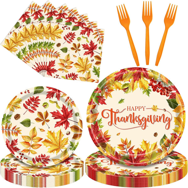 Temicle 96 Pieces Fall Leaves Thanksgiving Tableware Set Autumn-Themed Disposable Party Supplies with