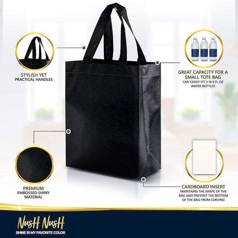 Nush Nush Black & Gold Gift Bags, Medium Size Set of 12 Reusable Bags for Birthday, Anniversary, Graduation