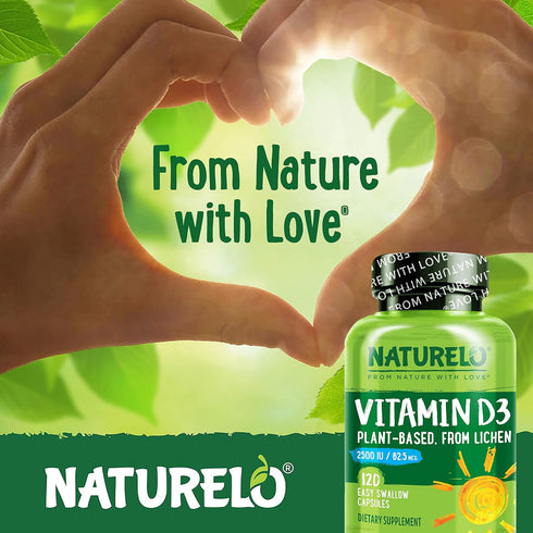 NATURELO Vitamin D 2500 IU, Plant Based Natural D3 Supplement for Immune System, 120 Capsules