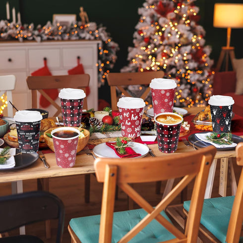 Hauwellter 100 Set 12oz, Christmas Disposable Coffee Cups with Lids Bulk Red and Black Xmas Holiday Hot Chocolate Party