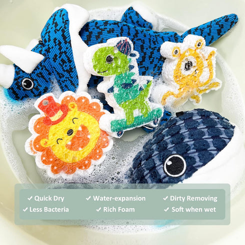 3 Pcs Compressed Wood Pulp Sponge Scrubber, Cute Cartoon Dual-Sided Reusable Dish Washing Cleaning Sponges