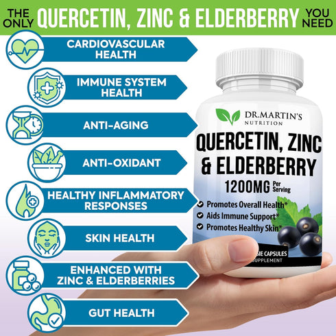 Extra Strength Quercetin with Zinc & Elderberry 1230mg | Supports Immune System & Cardiovascular Health, Helps Improve Inflammatory Responses & Immune Responses, Seasonal Sinus Support