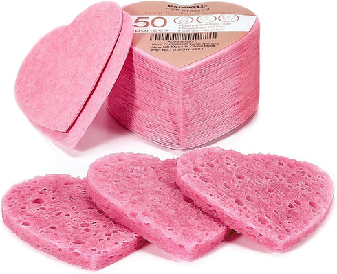 50-Count Heart Shape Compressed Facial Sponges for Daily Cleansing & Exfoliating, Natural Cosmetic Sponges