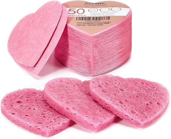 50-Count Heart Shape Compressed Facial Sponges for Daily Cleansing & Exfoliating, Natural Cosmetic Sponges
