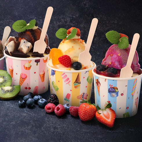 Ninehaoou 100 Sets 6 oz Frozen Ice Cream Cups Bulk with Spoons Disposable Dessert Bowls Colorful Ice Cream Bowls