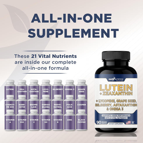 Lutein and Zeaxanthin Supplements for Eye Health with Astaxanthin, Omega 3, Resveratrol, Bilberry, Lycopene, Quercetin