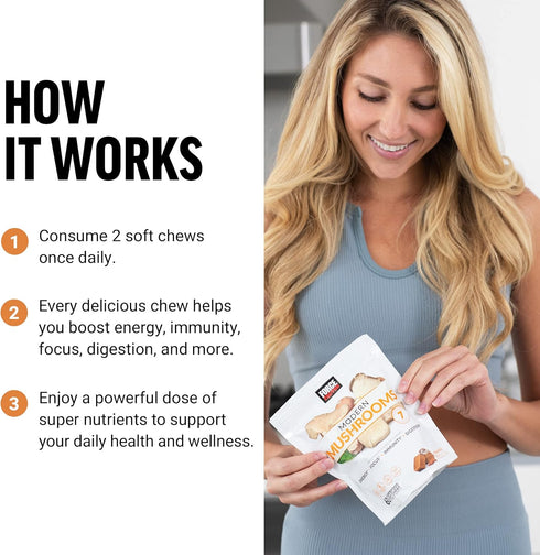 Force Factor Modern Mushrooms Soft Chews with Lions Mane, Turkey Tail, & Cordyceps for Energy, Focus, 60 Chews