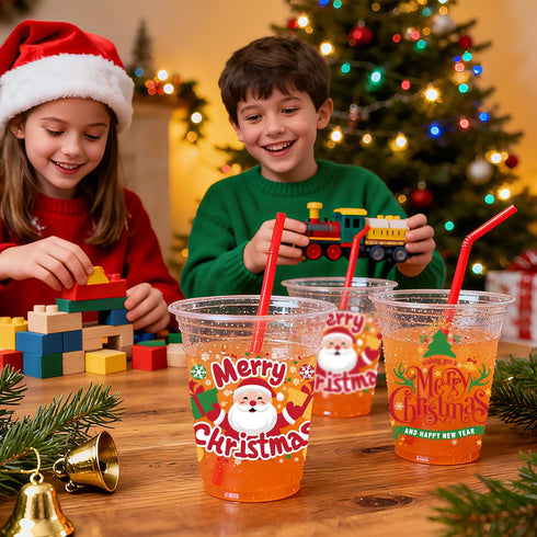 Jhfinely 50 12 oz Pcs Christmas Party Cups, Merry Christmas Clear Plastic Cups, Santa Claus Disposable Drinking Cup