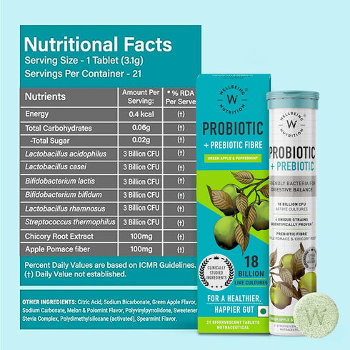 WELLBEING NUTRITION Daily Probiotic + Prebiotic - 42 Effervescent Tabs, 18 Billion CFU, 6 Strains for Digestion