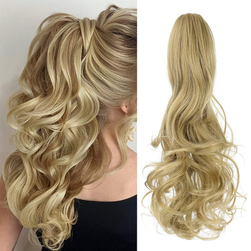Ponytail Extension Clip in Claw, 18" Curly Wavy Pony Tails Clip-on Hairpiece for Women, Ash Blonde