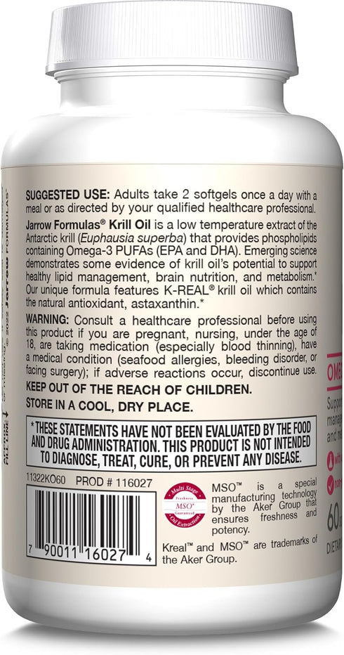 Omega-3 60 30 Jarrow Formulas Krill Oil - Phospholipid Complex with Astaxanthin - Softgels - Servings - Supports Lipid