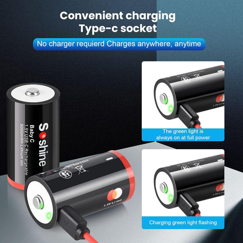Rechargeable C Batteries with USB-C Charging Cable, 1.5v Lithium LR14 C Size Battery 5000mWh for Flashlight 2 Pack