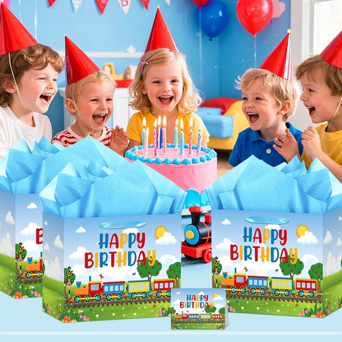 Yomaiha 11.8'' Train Birthday Gift Bag with Greeting Card and Tissue Papers, Train Birthday Gift Wrapping Paper Bag