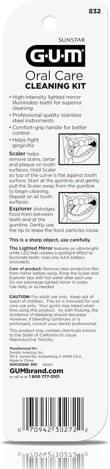 GUM Oral Care Dental Cleaning Kit, Dental Mirror with Light, Explorer Pick, and Dental Scaler, Professional Quality Stainless Steel Dental Tools, Easy-Grip Handle (6pk)