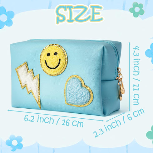 LieToi Preppy Patch Small Toiletry Bag, PU Leather Waterproof Makeup Bag for Women Girls, Canal Blue
