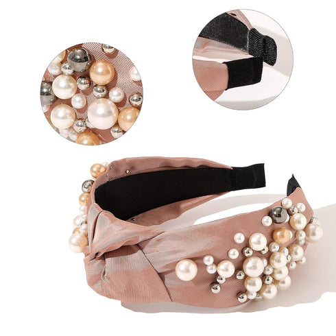 Ivyu Knotted Pearl Headbands, Fashion Hair Accessories for Women, No Slip Cute Top Knot Gift for Girls, Black Pink Gold