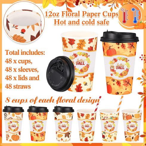 Jingmore 48 Sets 16oz Disposable Paper Coffee Cups with Lids Sleeves Straws Holiday Paper Drinking Cups Bulk for Hot