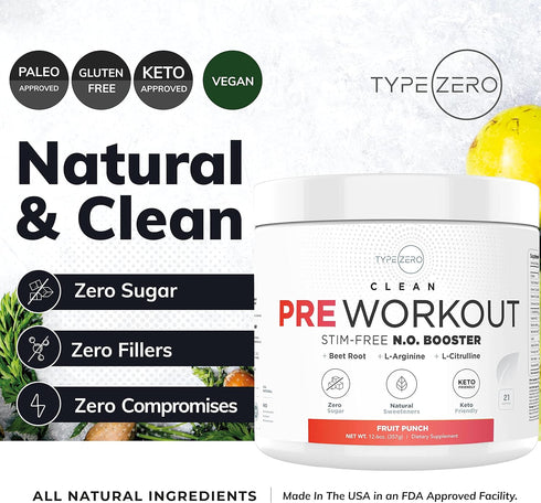 Ultra Clean Stim Free Pump Pre Workout + Nitric Oxide Booster (Fruit Punch) - Sugar/Caffeine Free Natural Non-Stim