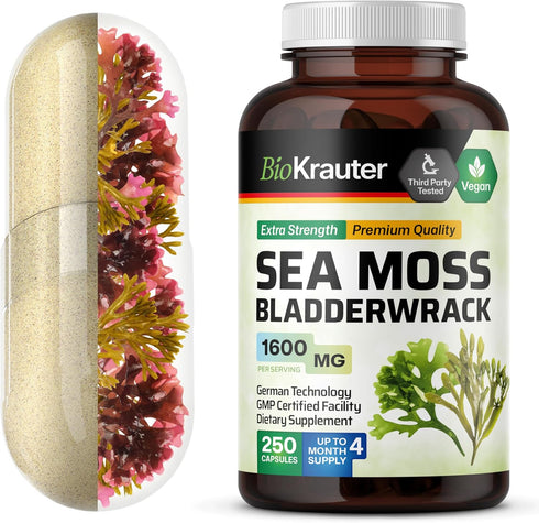 BIO KRAUTER Irish Sea Moss Capsules, 1600 mg - 250 Count - Vegan Bladderwrack with Chondrus Crispus