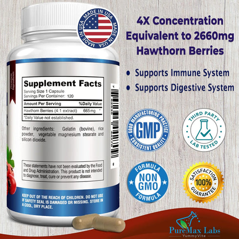 Hawthorn Berry 4:1 Extract (120 Capsules) Immune System Support, Super Antioxidant, Hawthorn Berry Capsules Concentrated from 2660mg Berries
