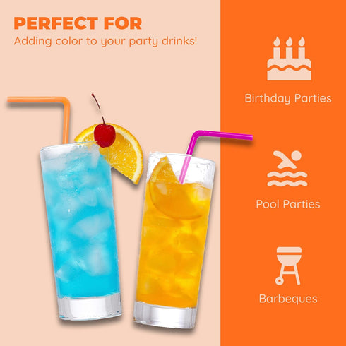 Jacent Flexible Disposable Drinking Straws, 125 Count Neon Bendy Plastic Straws for Summer Drinks & Crafts