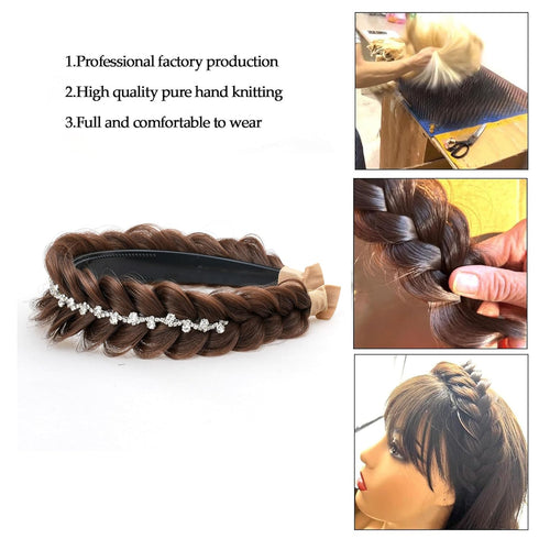 Wide Fishtail Braid Braided Headband, Crystal Deco Style Messy Hoop Elastic Non-slip Band for Women and Girls